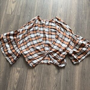Maurices Plaid Bell Sleeve Blouse in Orange and White